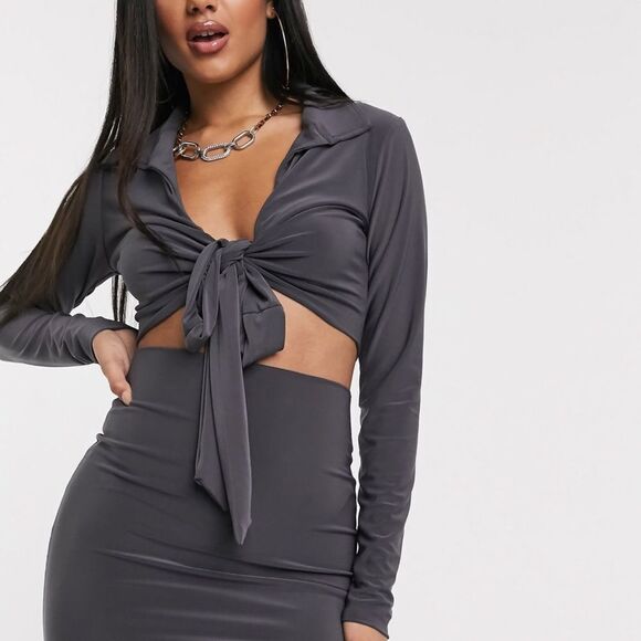 AYM Premium Tie Front Multiway Collared Long Sleeve Crop Top - Picture 2 of 9